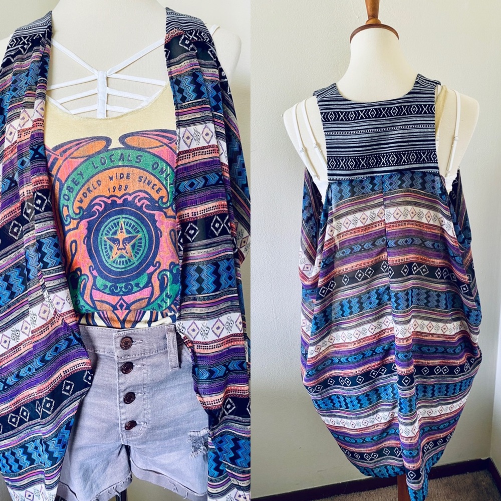 Gimmicks Colorful Aztec Print Long Sheer Vest